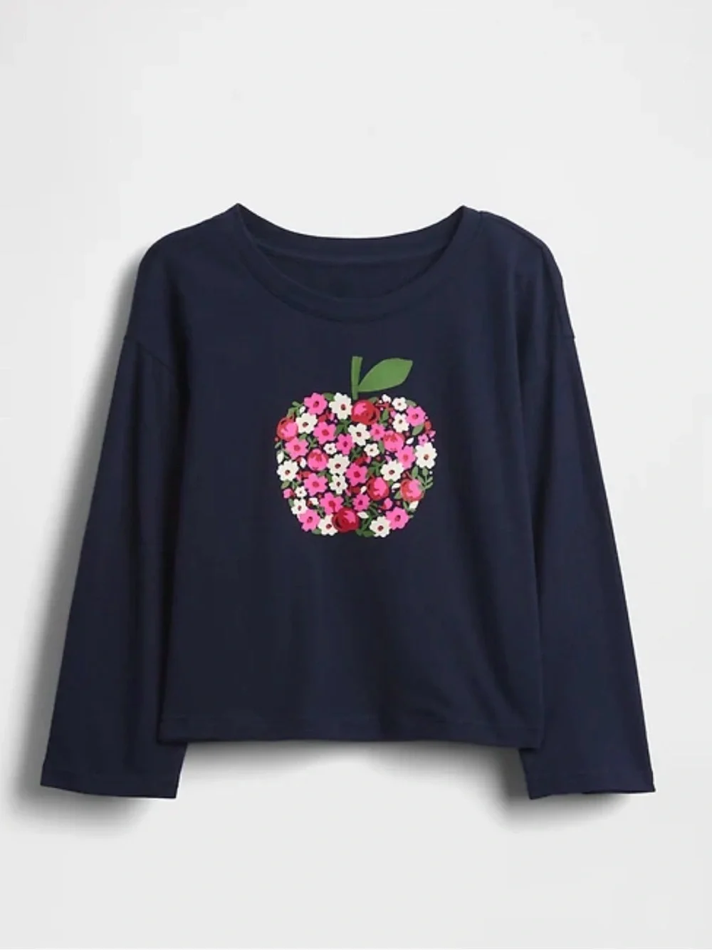 GAP Navy Long-Sleeve Tee with Pink Floral Apple Graphic